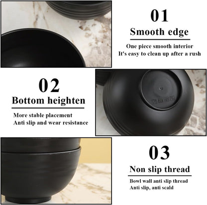 Berglander Set of 12 Black Plastic Bowls, 25oz Reusable Ramen, Soup, Cereal Bowls for Home, Restaurant, Outdoor Use