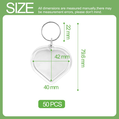 BRT Bearingshui 50pcs Pendant Picture Frame Keyrings, Clear Acrylic Photo Frame Keyring Holder, Make Your Own Personalized Keyring Kit, Heart Shaped Blank Photo Insert Keychain for DIY Craft