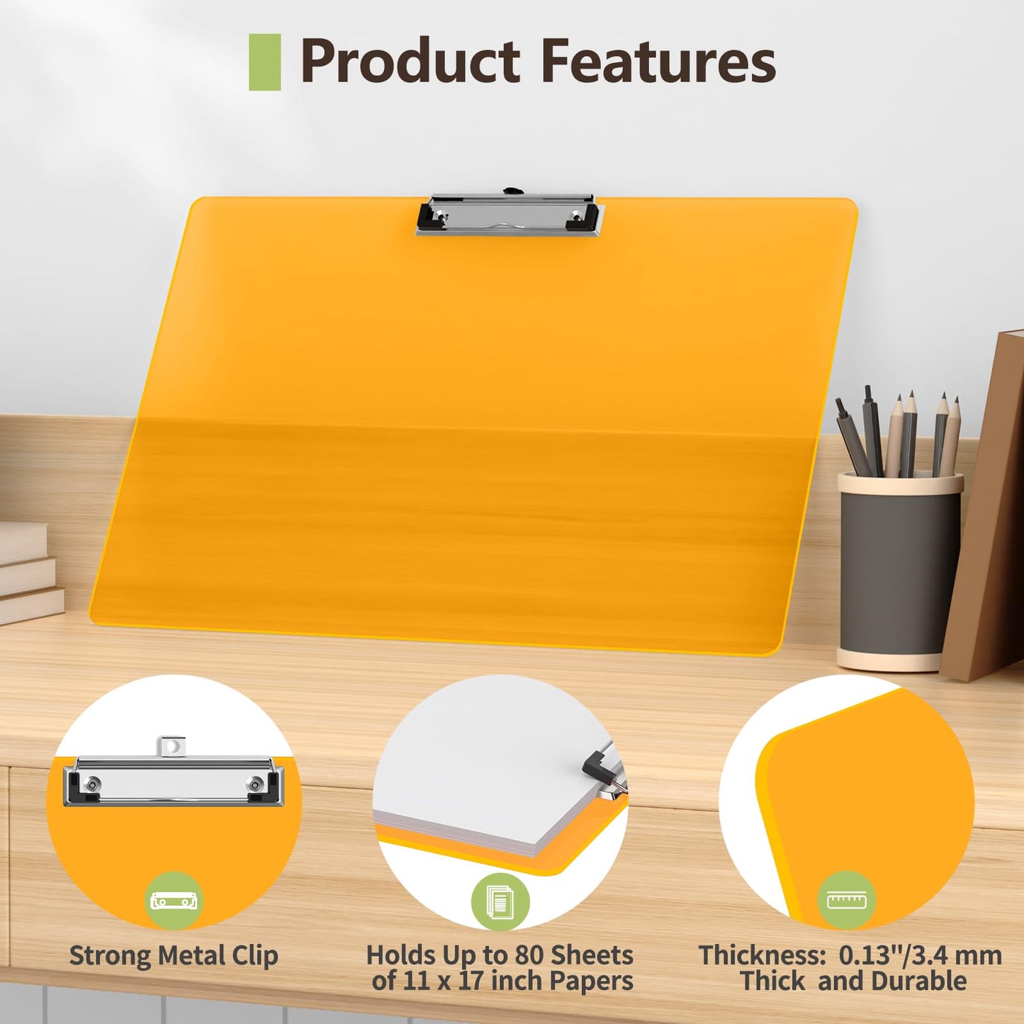 Juvealoe Extra Large Clipboard, 11 x 17 Light Orange Plastic Drawing Boards, Horizontal Clip Board, Landscape Layout, Suitable for Sketching, Watercolor. Drafting & Art Supply