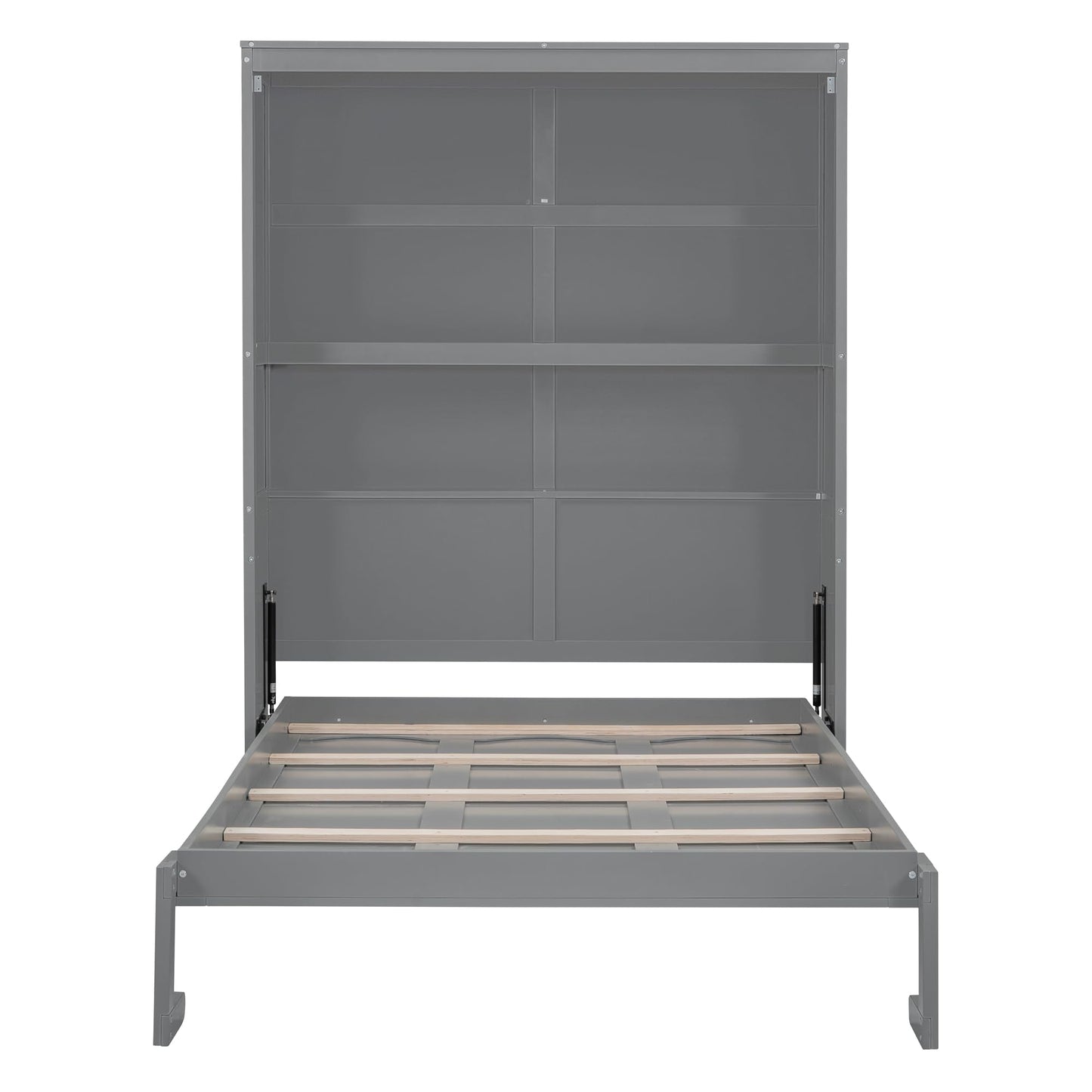Merax Full Size Wood Modern Murphy Bed, Wall Bed with Shelves, Foldable Platform Bed Folded into Cabinet, Space-Saving Design Bed for Guest Room, Home and Office, Grey