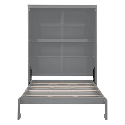 Merax Full Size Wood Modern Murphy Bed, Wall Bed with Shelves, Foldable Platform Bed Folded into Cabinet, Space-Saving Design Bed for Guest Room, Home and Office, Grey