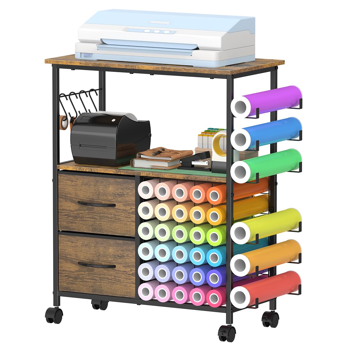 KANEODOT Storage Cart Compatible with Cricut, Roll Holders with 2 Drawers, Rolling Craft Cabinet Table for Accessories Holder,Tool Hook for Craft Room Home