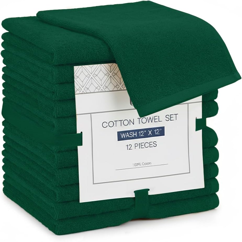 12x12 100% (12 Pack) Linteum Textile Supply Premium Washcloth (Hunter Green) Cotton Zero Twist Towels | Absorbent