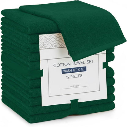 12x12 100% (12 Pack) Linteum Textile Supply Premium Washcloth (Hunter Green) Cotton Zero Twist Towels | Absorbent