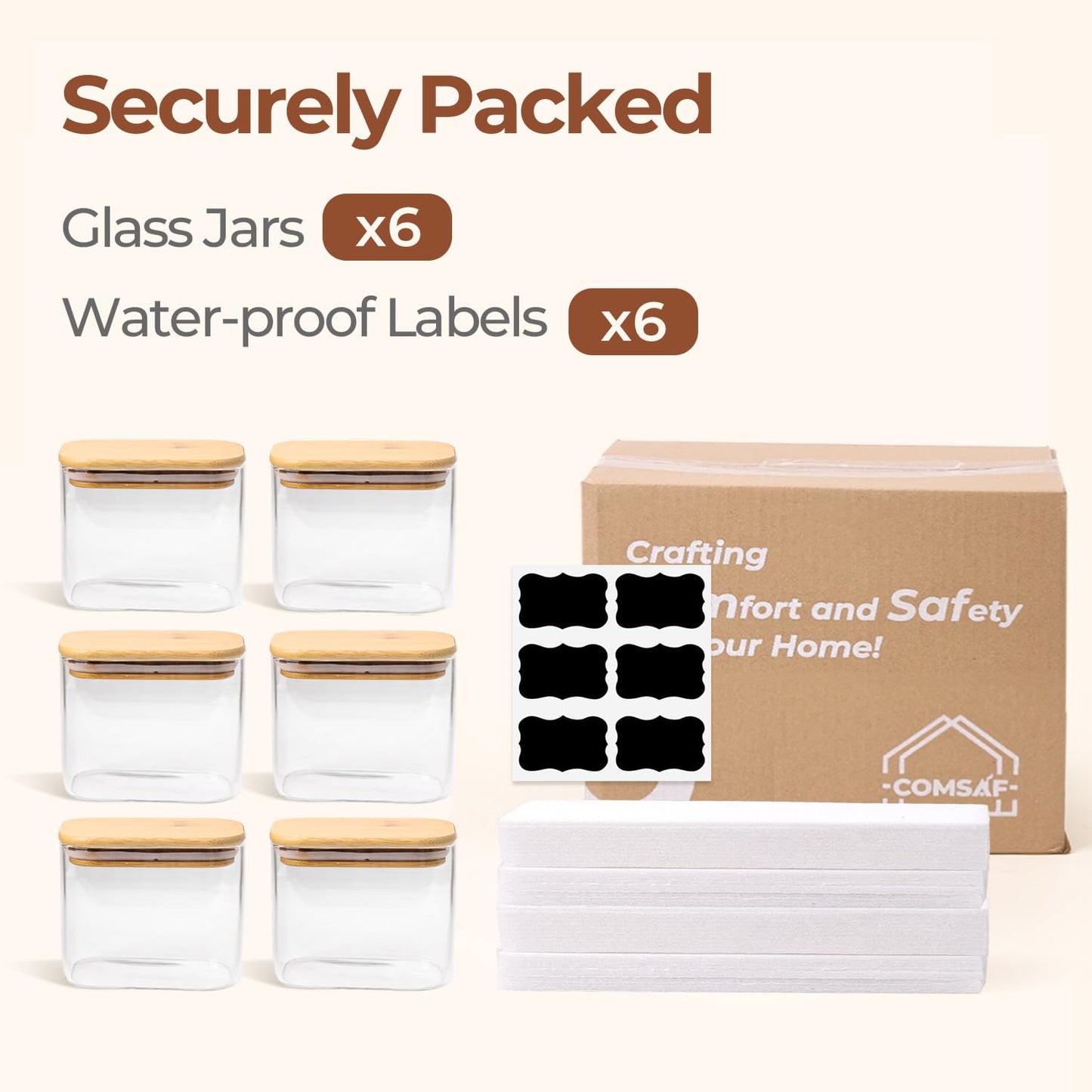 Comsaf Spice Jars with Label，8 oz Small Glass Jars with Lids, 6 Pcs Seasoning Containers, Rectangle Glass Containers with Lids, Empty Seasoning Jars for Pantry Storage, Loose Tea, Herbs, Powders, Salt