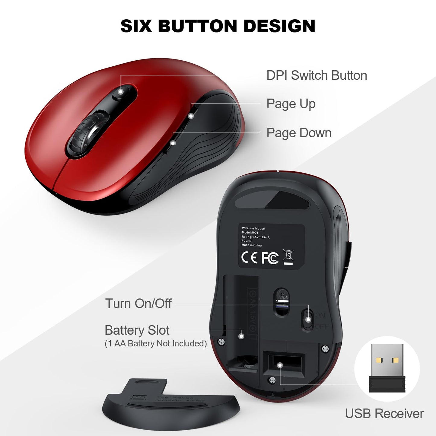 WisFox 2.4G Wireless Mouse for Laptop, Ergonomic Computer Mouse with USB Receiver and 3 Adjustable Levels, 6 Button Wireless Mice for Windows Mac PC Notebook (Grey)