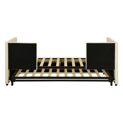 Merax Twin Size Upholstered Daybed Sofa Bed Frame with Extendable Trundle,Backrest and Two Armrests,for Bedroom,Beige Yellow