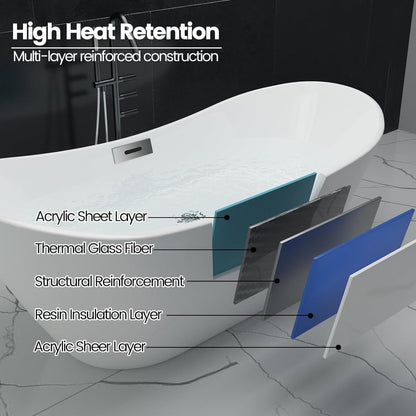 59" Acrylic Freestanding Bathtub with Chrome Drain Kit, Contemporary Square Soaking Tub with Overflow and Flexible PVC Drain Pipe, Double-Walled Insulation, CUPC Certified, Glossy White Finish