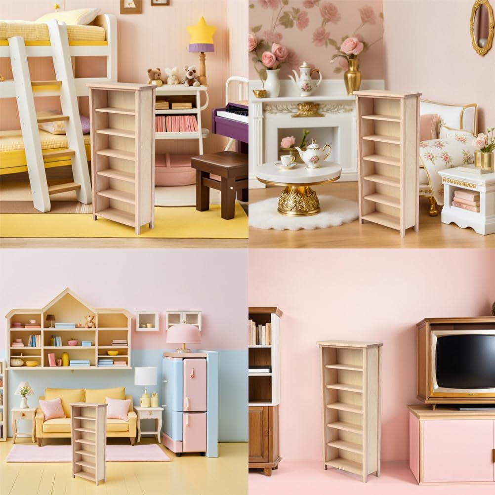 Angoily Mini Bookshelf, Dollhouse Bookcase, 1:12 Scale Doll House Furniture, Miniature Wooden Storage Cabinet Model, Unfinished Wood Library Shelving Scene, DIY Accessories for Room Display Collection