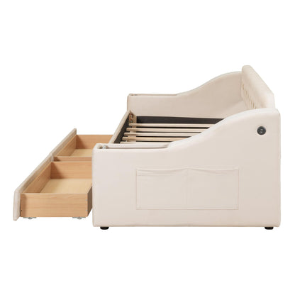 Acosure Twin Size Upholstered Daybed with 2 Large Drawers and USB Port,Bed Frame W/Armrests & Wood Slat Spport,for Bedroom,Apartment,Guest Room,Beige