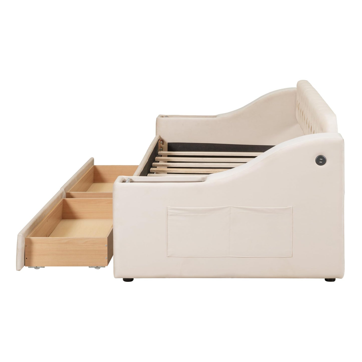 GDFStudio Twin Size Upholstered Daybed with USB Ports and Storage Drawers, Velvet Daybed Frame with Button Tufted Armrests and Wood Slat Support, Beige