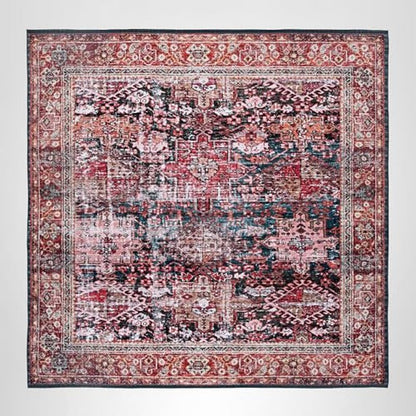 SAFAVIEH Washable Rug Tucson Collection - 8' Square, Rust & Green, Slip Resistant & Easy to Clean, Ideal for Living Room, Bedroom, Dining Space (TSN114P)