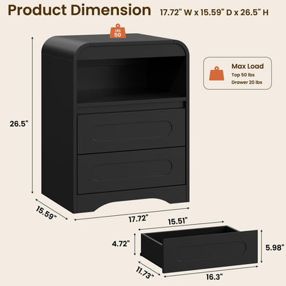 Night Stand Set of 2, 26" Tall Bedside Side Table with 2 Drawers and Open Storage, Curved Corners, Hidden Handle, Wood Nightstand, Modern Night Stands End Table for Sofa Couch (Black)