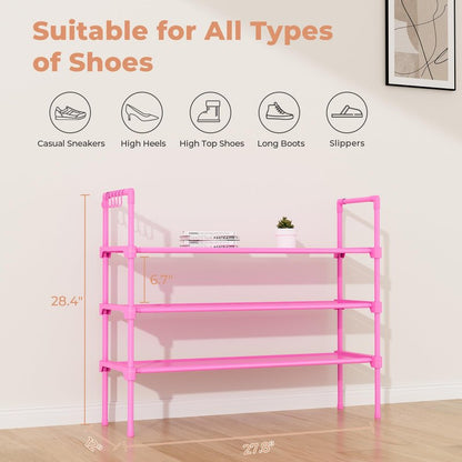 LANTEFUL 3 Tier Shoe Rack for Closet, Shoe Organizer with 5 Hooks, Long Shoe Shelf Storage for Shoe and Boot Stackable Free Standing Shoe Rack for Entryway, Garage, Small Spaces, Dorm, Pink