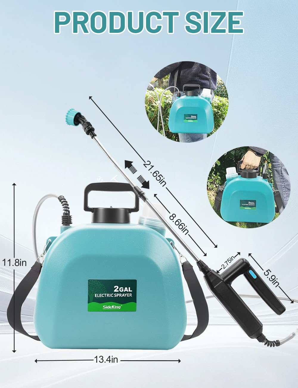 SideKing 2 Gallon Battery Powered Garden Sprayer, Powful Electric Backpack Sprayer, Water Pump Sprayers for Weed, Lawn, Yard, Pesticide, Plant, Fertilizer, Plant, Herbicide, Watering, Cleaning