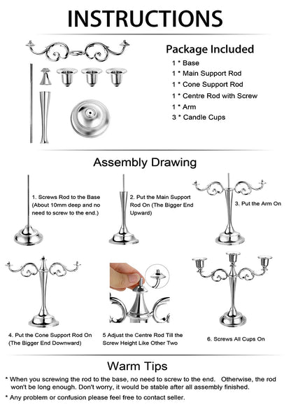 OwnMy 3 Arms Metal Candelabra Candlestick Silver European Elegant Candle Holder Candle Stand for Wedding Dining Table Christmas Party Home Decoration (Silver Tone)