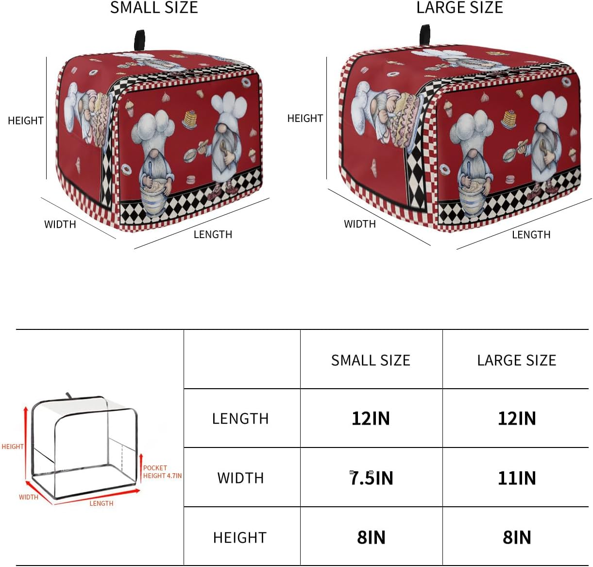 Kitchen Chef Gnomes Toaster Cover, 2 Slice, Rustic Red Checkered Dessert Toaster Oven Cover