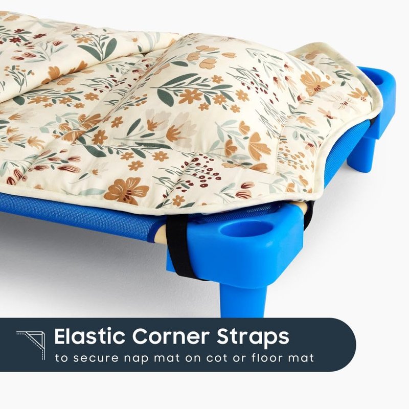 Wake In Cloud - Cot Nap Mat with Pillow and Blanket, for Toddler Kids Girls Ages 3 Plus in Daycare Kindergarten Preschool with Elastic Corner Straps, Floral Botanical Flowers, Orange Cream
