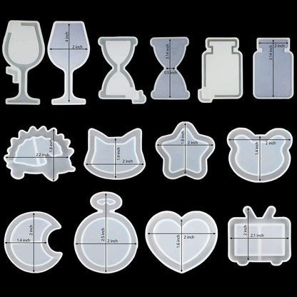 FineInno 11Pcs Quicksand Resin Casting Molds,Resin Art Shaker Mold, Crystal Silicone Hollow Mould Epoxy Pendant Mold Heart, Star, Moon,Bottle,Cat Head