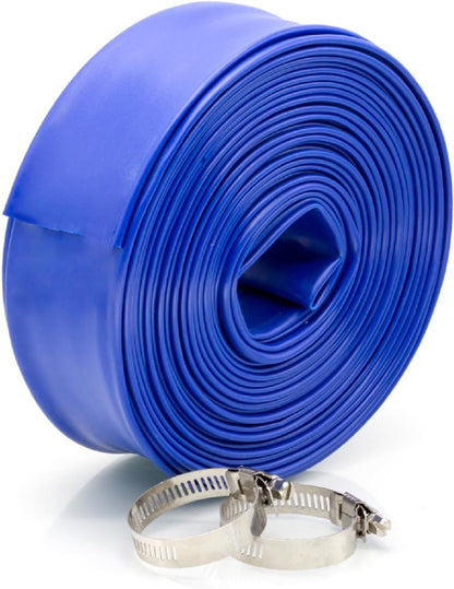 WWD POOL 1-1/2" x 50' Heavy Duty Backwash Hose with Clamp - General Purpose PVC Lay-Flat Water Discharge