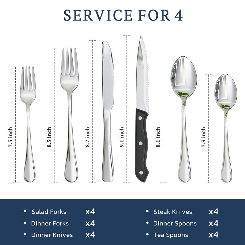 Astercook Silverware Set with Steak Knives 24-Piece Flatware Set for 4 Food-Grade Stainless Steel Cutlery Set Mirror Polished Utensils Set Include Spoons and Forks for Home Gifts for Women