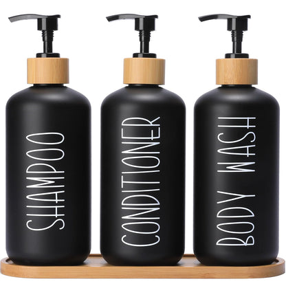 MOMEEMO Black Shower Soap Dispenser Set, Contains 3 Extra-Thick PET Plastic Bottles with Bamboo Pumps, Shampoo Bottles Refillable with Pump Perfect for Guest Room Must Haves. (Black)