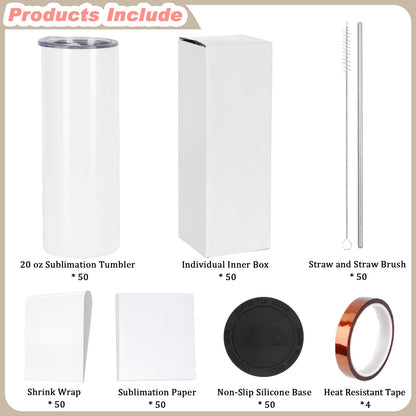 Muwnrol 50 Pack 20 Oz Sublimation Tumblers Bulk, Stainless Steel Double Wall Vacuum Insulation Cup, Sublimation Cups with Straw, Individually Box (Flat Edge)