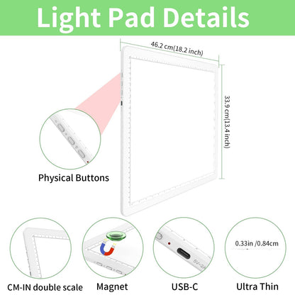 KOBAIBAN A3 Magnetic Light Box for Tracing, Rechargeable Diamond Art Light Board with Side Physical Buttons, 3 Color Light Modes Super Bright Light Pad for Diamond Painting, Weeding Vinyl (White)