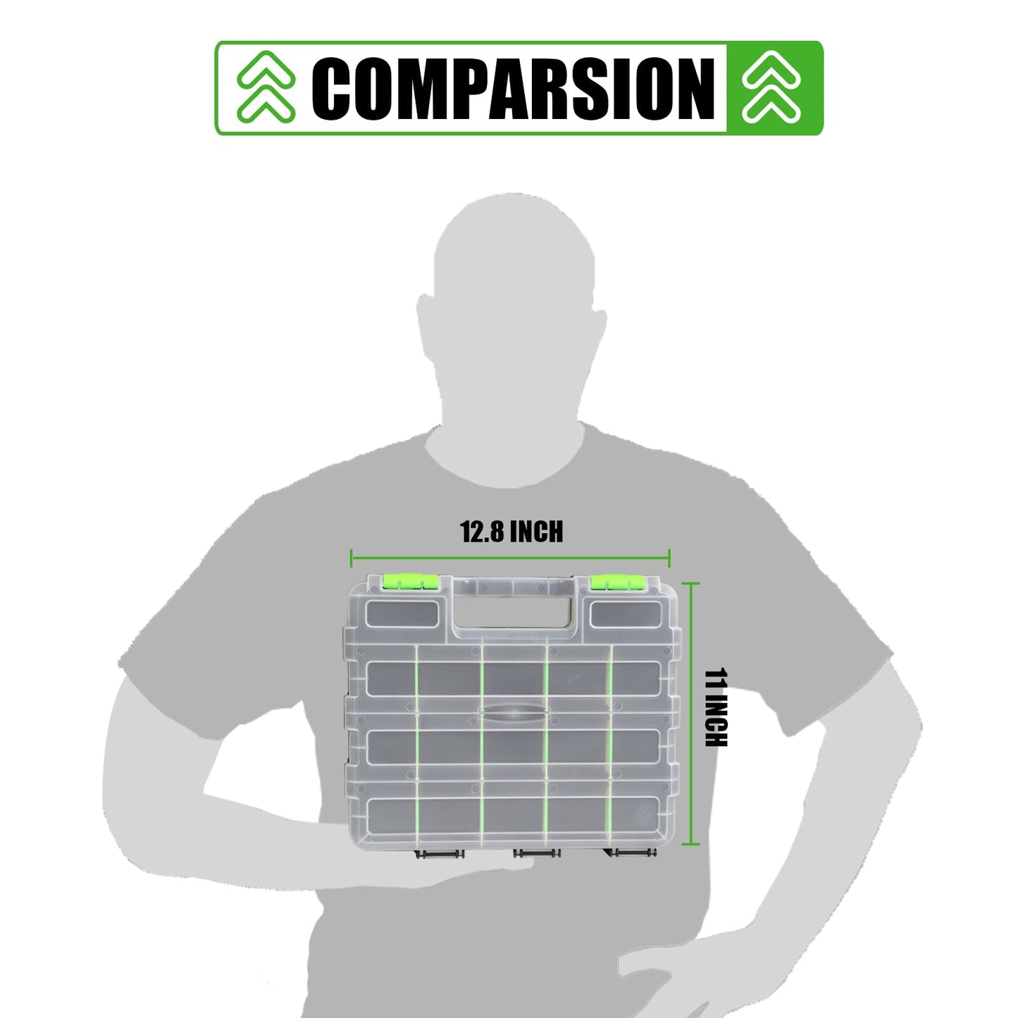 Tool Box with Transparent Lid, Double Side 34-Compartments Organizer Box with Removable Dividers for Hardware, Screws, Bolts, Nails, Beads, Jewelry and Fishing Accessories, Green, 2 Packs