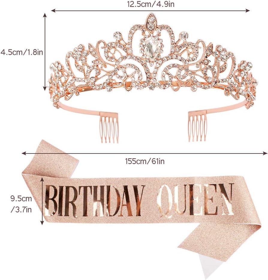 Didder Tiaras for Women, Crystal Rose Gold Birthday Queen Sash, Elegant Princess Crown with Combs for Girls Party
