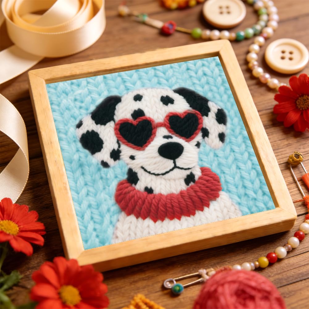 BEUNITONE Dog Punch Needle Kit for Beginners, Animals Starter Embroidery Kits with Frame & Instructions, Needle Felting Kit Poke Art for Adults DIY Handmade Craft for Coasters, Bags, Clothes Decor