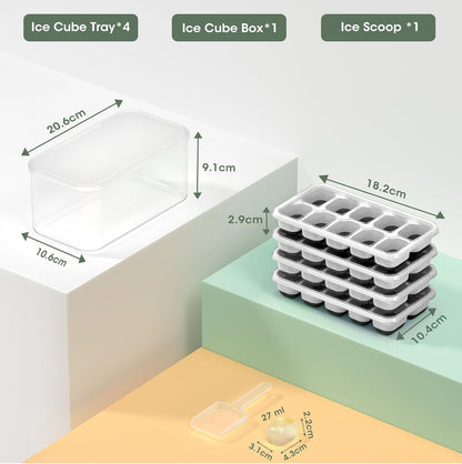 DOQAUS Ice Cube Tray with Lid and Bin, 4 Pack Silicone Plastic Ice Cubes Trays for Freezer with Box/Container, Stackable with Storage Iced Bucket Kits, Scoop, for Baby Food, Cocktail, Coffee