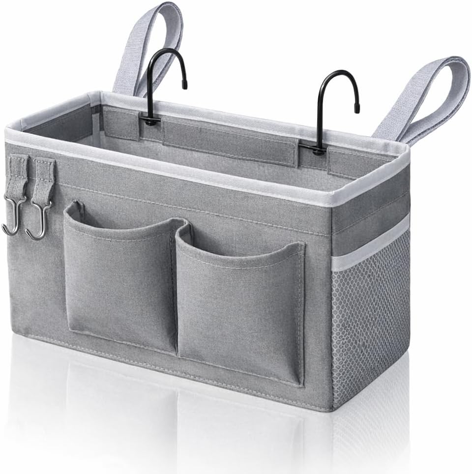 1pcs (Grey-1pcs) Kanrichu Bedside Caddy Hanging Storage Bag, Organizer Baskets with Pockets for Bunk Bed Accessories