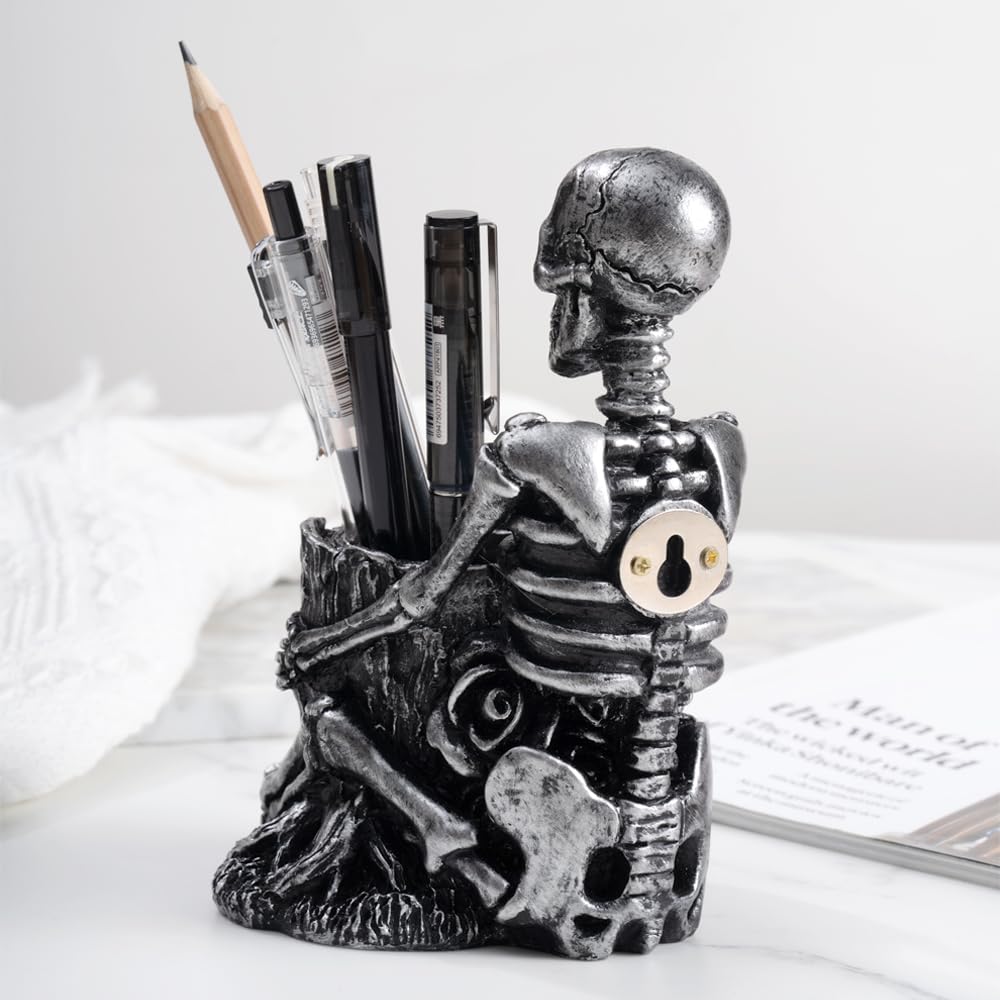 Arola Skull Pen Pencil Holder Skeleton Key Holder Makeup Brush Holder Home Office Desk Supplies Organizer Accessory（Silver-Plated）