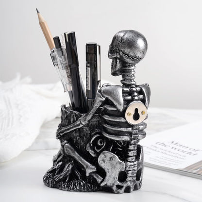Arola Skull Pen Pencil Holder Skeleton Key Holder Makeup Brush Holder Home Office Desk Supplies Organizer Accessory（Silver-Plated）
