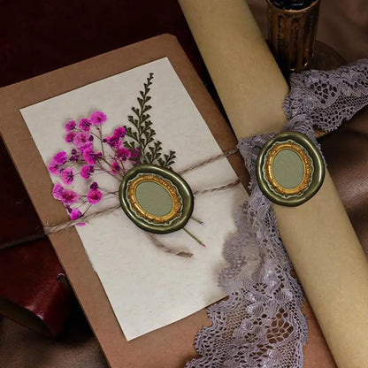 1PCS Wax Seal Stamp Head 1PCS Removable Wooden Handle,3D Embossed Oval Vintage Texture Brass Head Wax Stamp Retro Photo Frame Wax Seal Stamp Kit for Cards Envelopes Wedding Invitations Scrapbooking