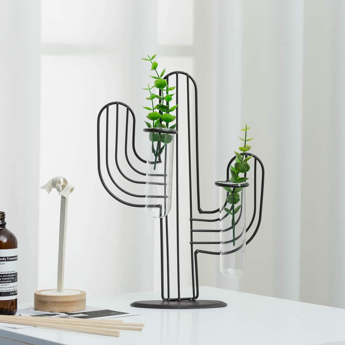 TJ Global Cactus Double Test Tube Vase Planter Holder, Plant Terrarium, Propagation Station, Metal Stand
