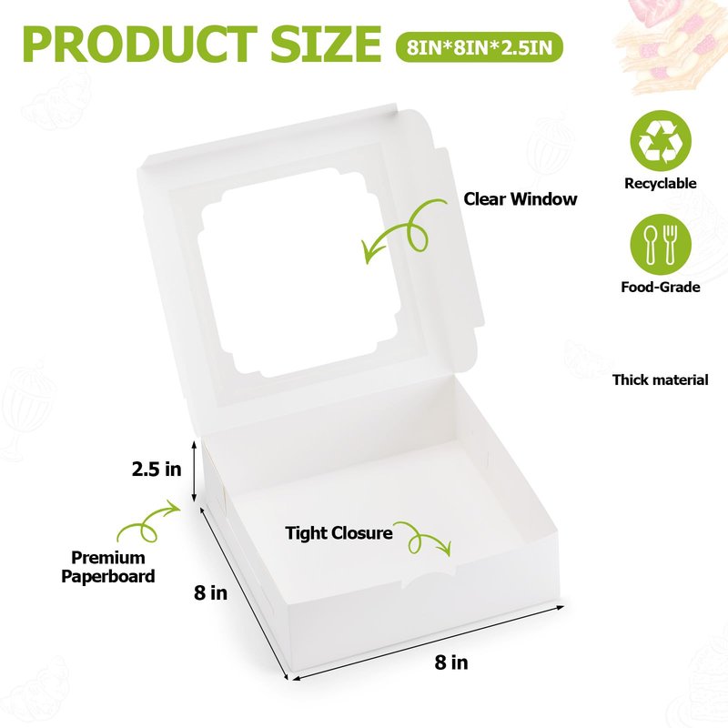 YODYZJ 20-Pack Bakery Boxes with Window, 8"x8"x2.5" White Treat Boxes for Dessert, Cookie, Chocolate Strawberry, Donut and Pastry