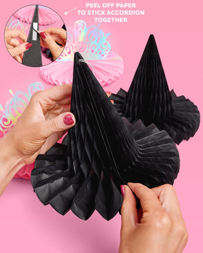 xo, Fetti Witch Party Hanging Decor - Set of 4 | Pink Tiara + Black Hat | Iridescent Centerpieces, Magical Birthday Decorations, 3D Tabletop Setting