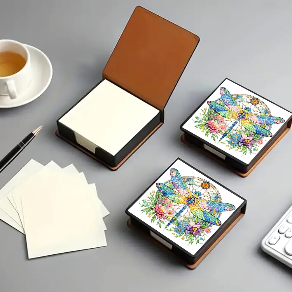 LAKEQUILL Diamond Art Painting Sticky Note Holder, Diamond Art Painting Wooden Memo Paper Storage Box, Notepad Holder with 160 Sticky Notes for Office Desk - Flower Dragonfly