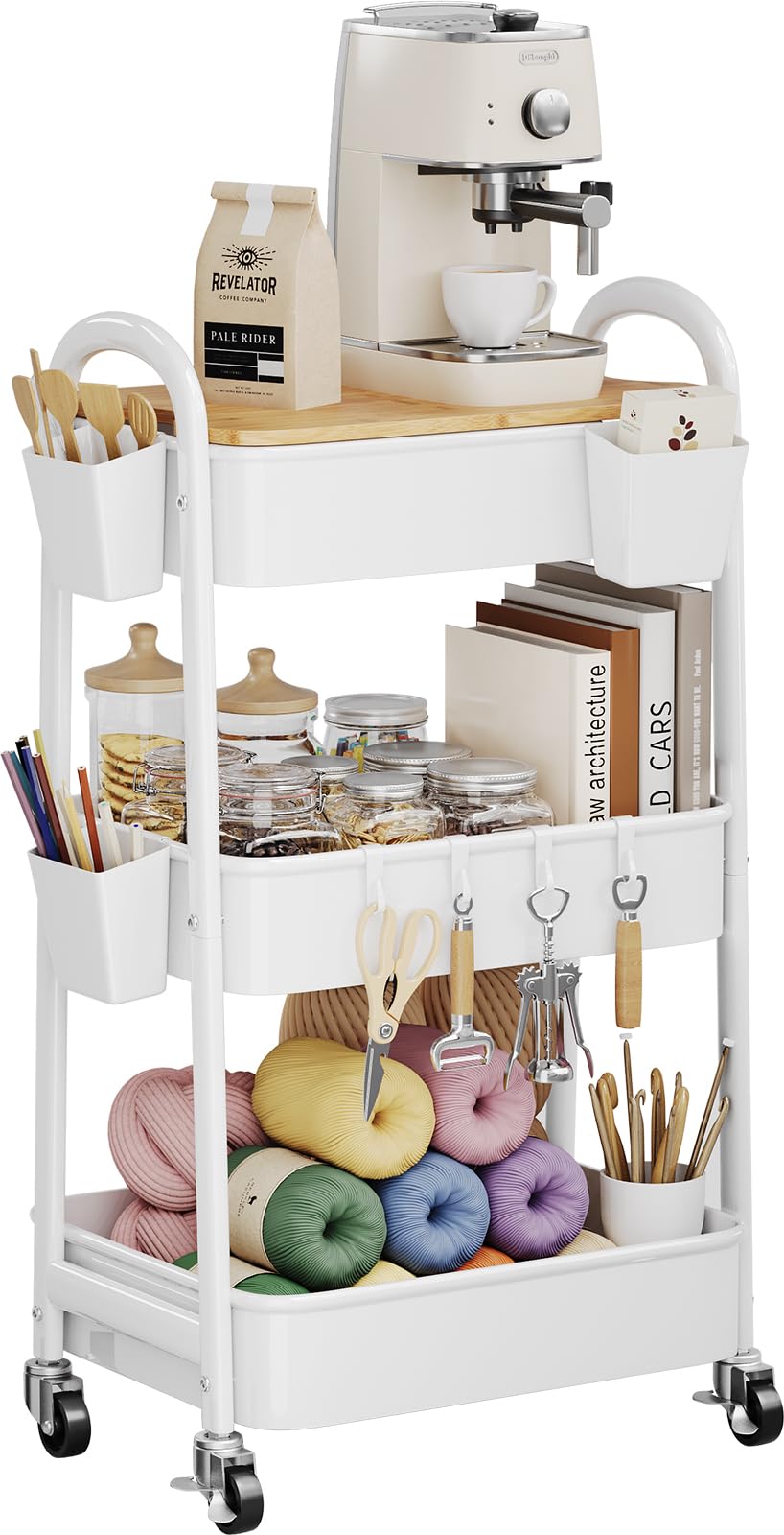3 Tier Rolling Cart Metal with Wheels and Bamboo Table Top, Art Cart Organizer on Wheels, White Three Tiered Storage Utility Carts for Craft, Baby, Diaper Caddy,Coffee,Kitchen,Cleaning,Office Supplies
