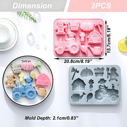 2 Pack Silicone Chocolate Molds with Farm Theme Pumpkin Tractor Axe Watering Pot House Handmade Soap Mold 9 Cavity Gummy Ice Cube Crayon Pastry Baking Tools for Cookie Chocolate Cake Décor