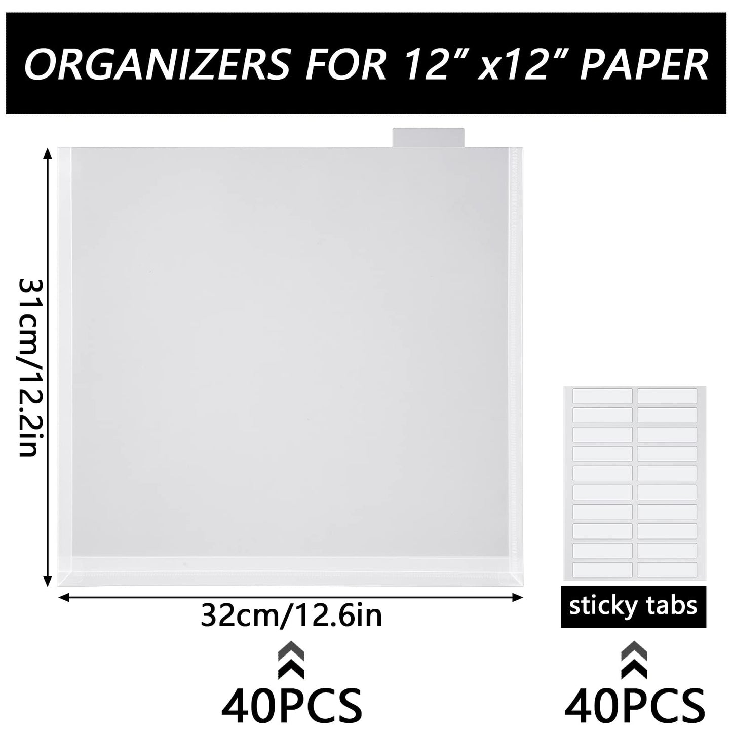 40 Set 12 x 12 Scrapbook Paper Storage Organizer Clear Top Loading Files Plastic Holder with Customizable Tabs for Holding Vinyl Paper Scrapbook Photos