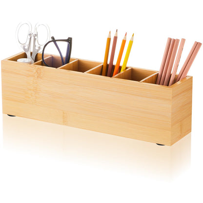 Jetec Wooden Pencil Pen Holder for Desk 6 Compartments Cosmetic Makeup Brush Stationery Office Desktop Organizers for Countertop Adjustable Silverware Caddy for Party, Art Supplies,Home(Bamboo)