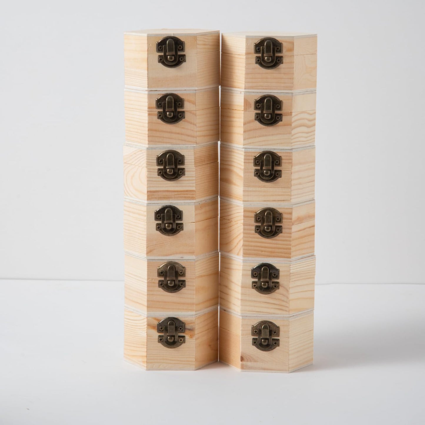 12 pcs Unfinished Vintage Wooden Hexagonal Pine Storage Boxes, 3.8X3.3X2.2in with Hinged Lids and Front Buckles for DIY Handmade Wooden Jewelry Box