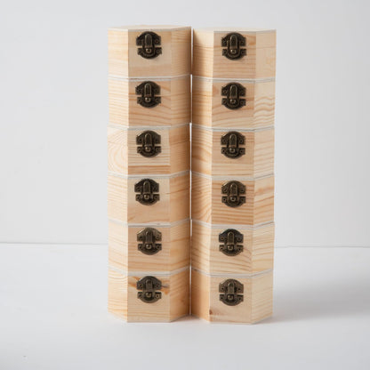 12 pcs Unfinished Vintage Wooden Hexagonal Pine Storage Boxes, 3.8X3.3X2.2in with Hinged Lids and Front Buckles for DIY Handmade Wooden Jewelry Box