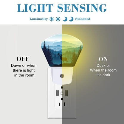Uiaoiais Blue Misty Mountains Plug in Night Lights, Deer Nightlight Plug Into Wall Dusk to Dawn Sensor for Kid Girls Boys Women Men Bedroom, Hallway, Kitchen, Bathroom, Stairs Decor