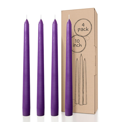 CANDWAX Purple 10 inch Taper Candles Pack of 4 - Unscented Smokeless Dripless Long Burning Christmas Candlesticks - Perfect as Christmas Candle Sticks for Home Decor - Purple Taper Candles
