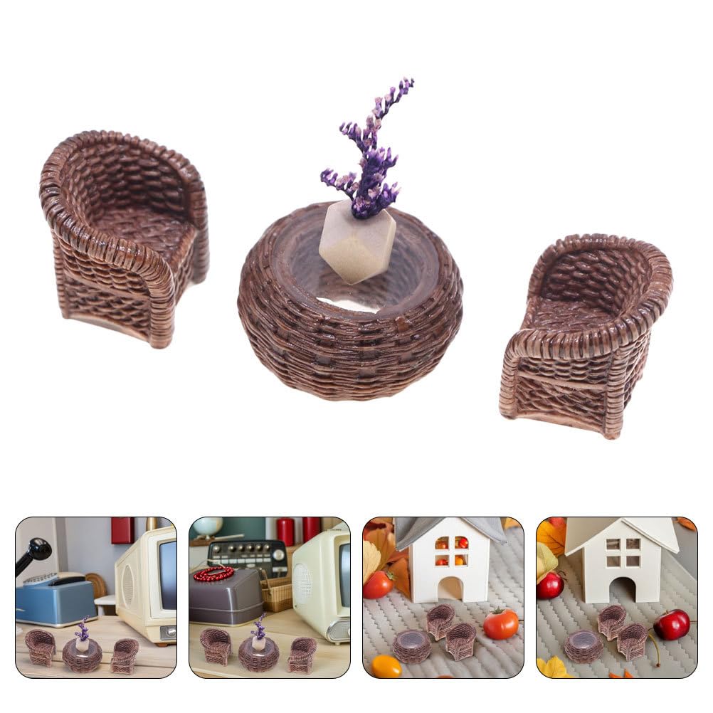 DOITOOL Miniature Table and Chairs Set: 1:12 Scale Miniature Dollhouse Accessories Mini Rattan Table and Chairs Dollhouse Furniture for Fairy Garden Micro Landscape Decoration