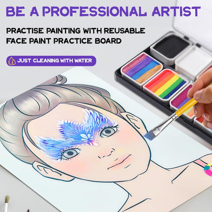 OPHIR Professional Face Painting Kit for Kids & Adults, 5.14 oz Non Toxic Water Activated Rainbow Split Cake Face Paint with Stencils, Brushes, Practice Boards for Summer Fun Halloween Party Festivals